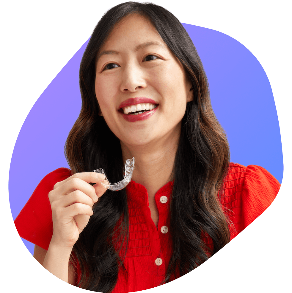 Woman with red shirt and brown hair
